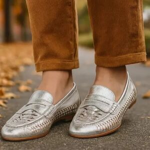 Veronica Beard Woven Penny Loafer In Silver Size 8